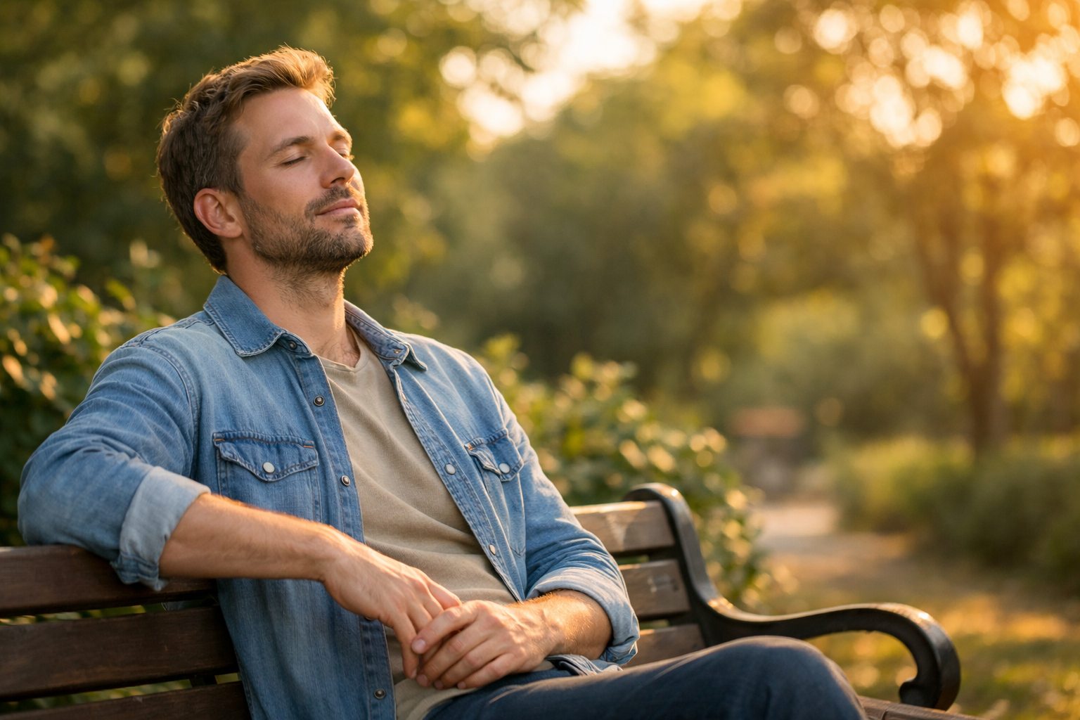 Чоловік на лавці в парку з заплющеними очима, відпочинок на природі
