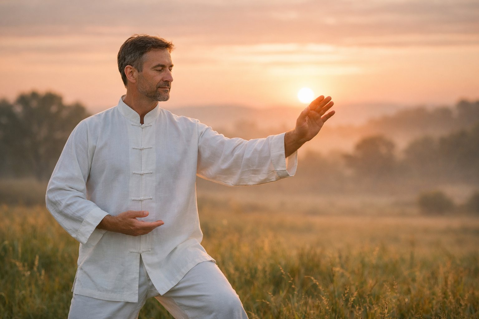 Людина виконує повільні рухи тай-чі на полі на світанку, спокій і гармонія