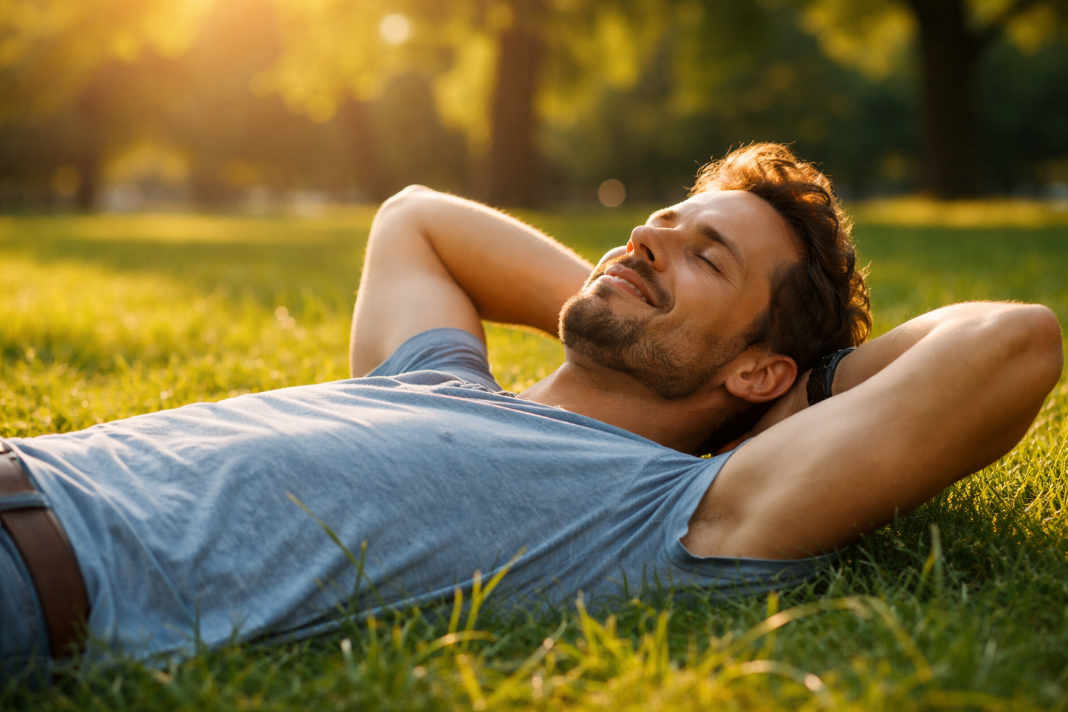 Чоловік лежить на траві в парку, руки за головою, дивиться в небо, повне розслаблення